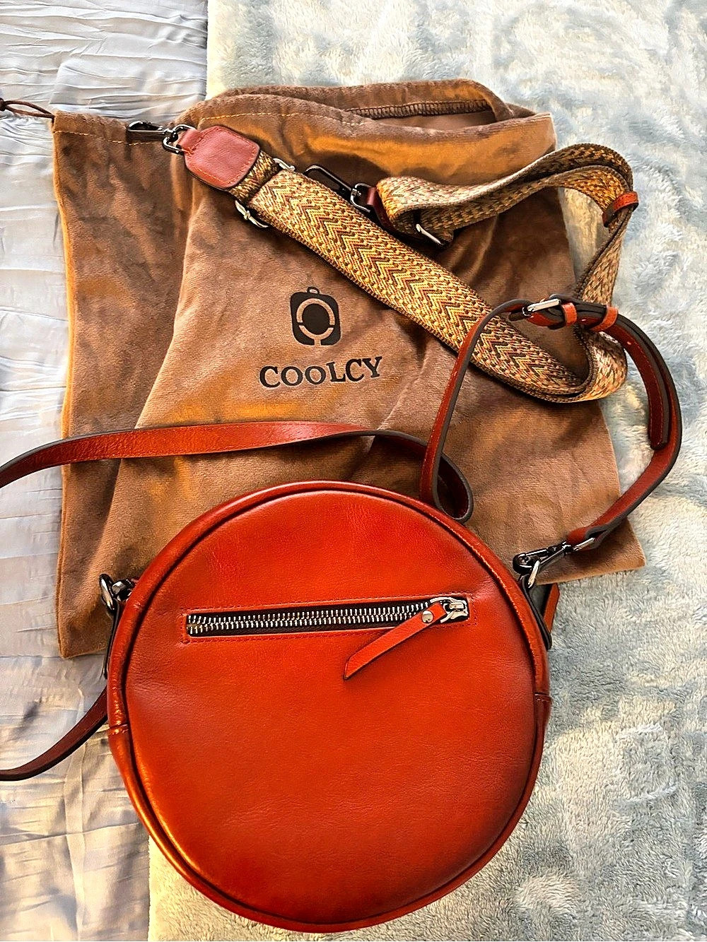 COOLCY Genuine Leather Circle Crossbody Bag Brown & Orange